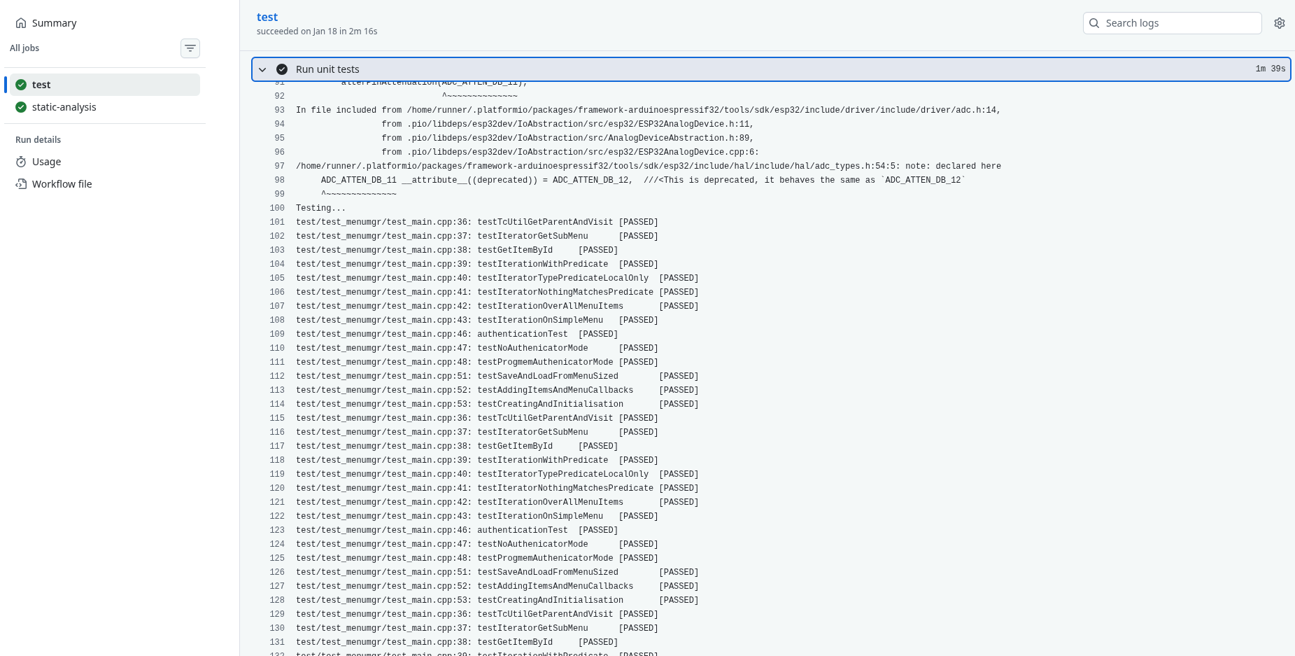 Screenshot of GitHub Actions workflow showing multiple embedded firmware unit tests passing in a CI pipeline, demonstrating automated testing via QEMU emulation.