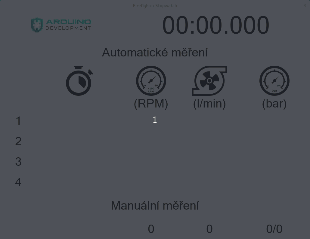 Graphical user interface of the firefighter stopwatch application showing elapsed time and sensor readings.