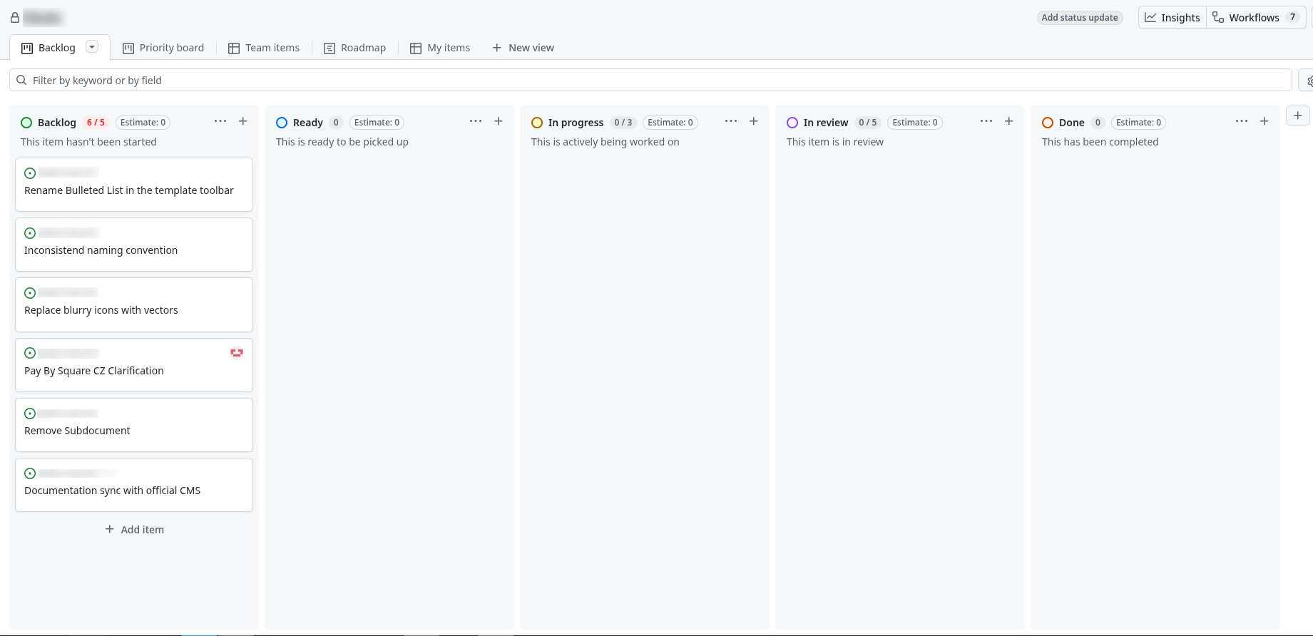 Kanban board showing issue progression stages