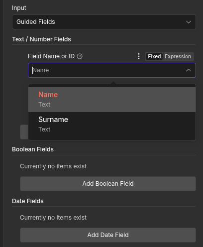 n8n node UI showing guided fields input mode with selectable template fields like name and surname