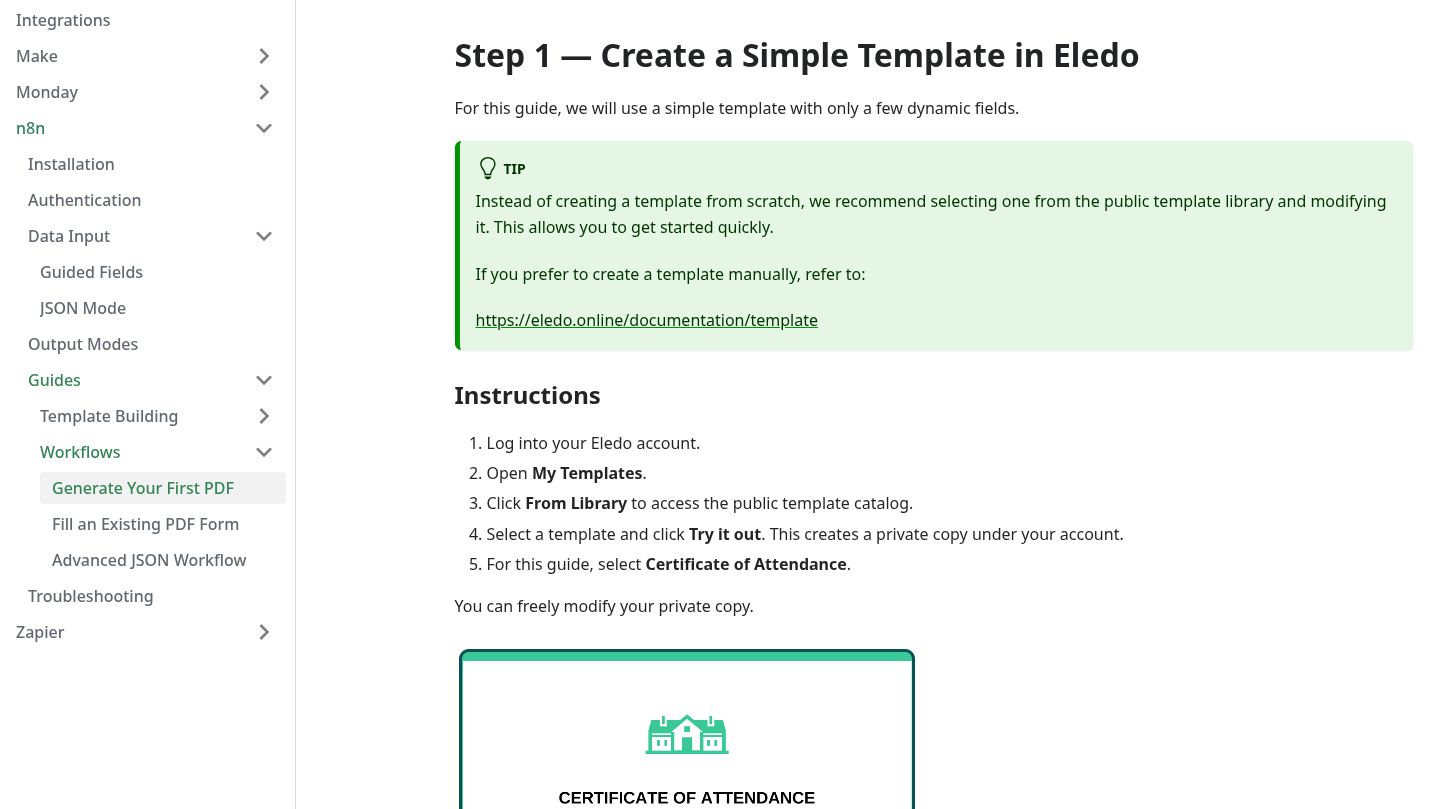 Documentation page showing step-by-step guide for creating a template in Eledo