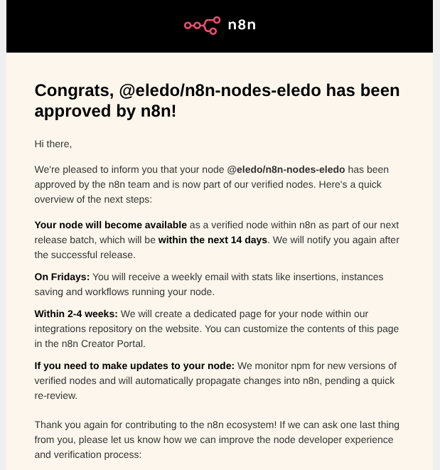Email confirming that the Eledo n8n node has been approved and added to verified nodes