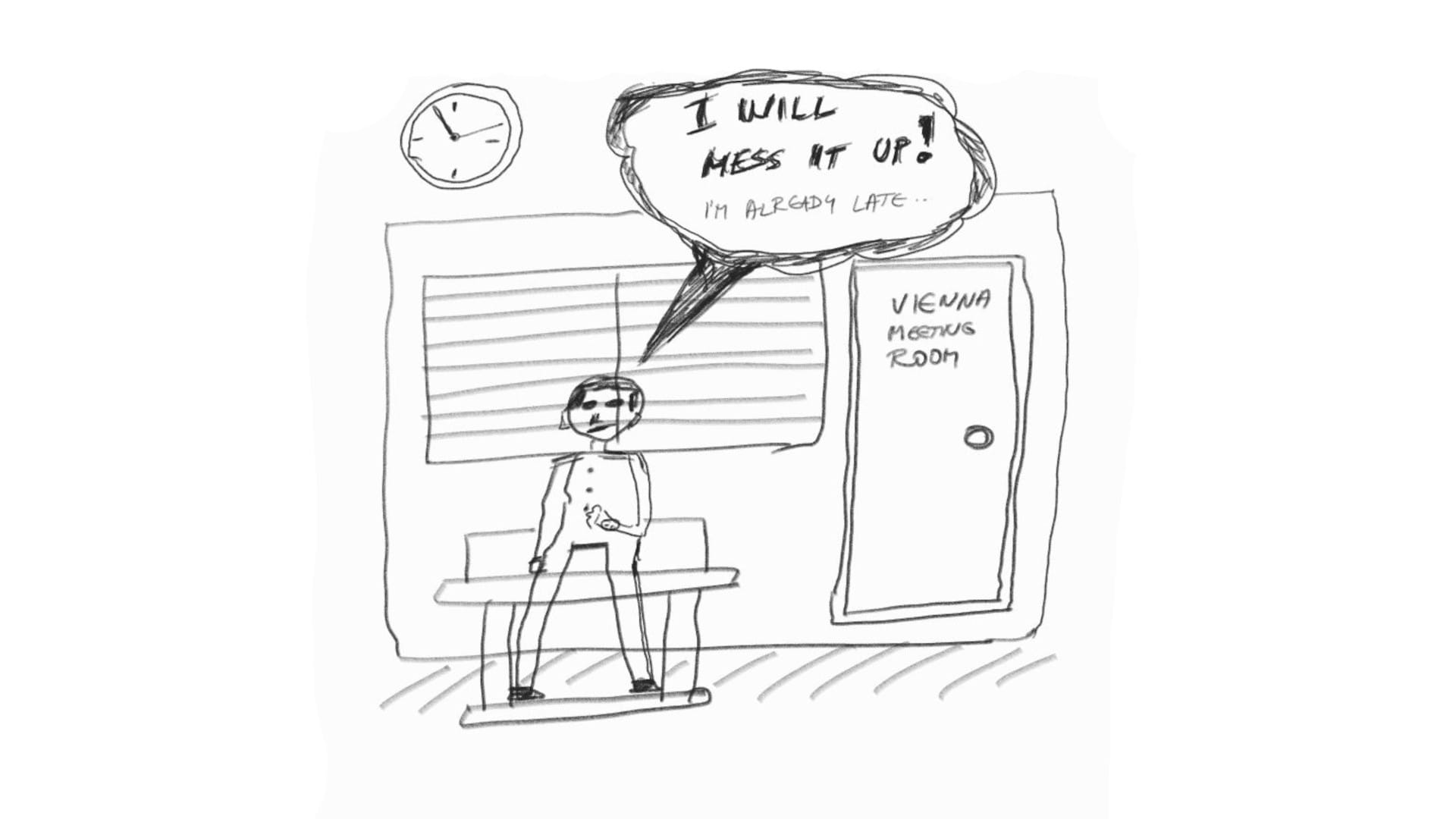 Hand-drawn sketch of a nervous person standing in front of a meeting room labeled "Vienna Meeting Room." A clock hangs on the wall. A speech bubble says: "I WILL MESS IT UP! I'm already late..." The person appears anxious before entering.