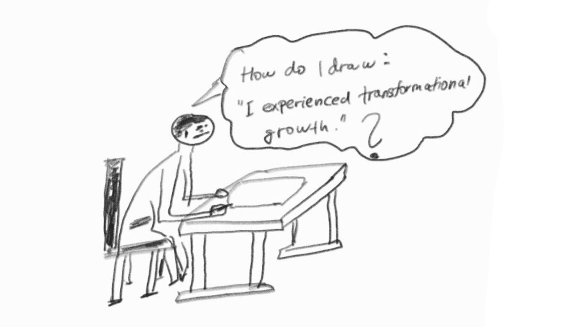 Hand-drawn sketch of a person sitting at a table with a speech bubble asking: "How do I draw 'I experienced transformational growth'?" The person looks confused while staring at a blank sheet of paper.