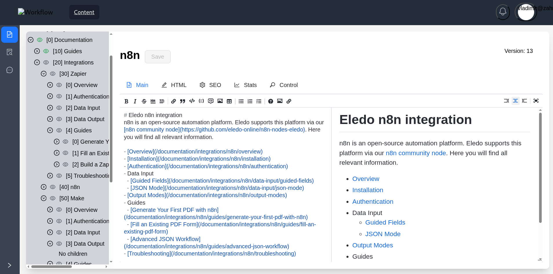 Screenshot of custom CMS interface with document tree and editor in an internal tool