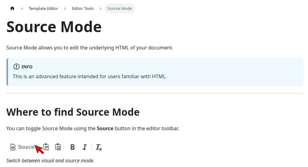 Documentation page showing “Source Mode” with an info box indicating advanced feature for technical users