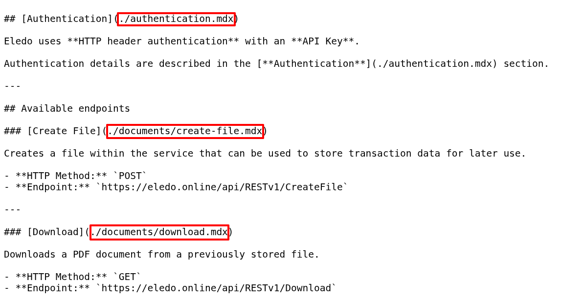 Screenshot of a Markdown documentation file showing several local links highlighted in red, including authentication and document pages, illustrating links that must be transformed before uploading to a CMS.