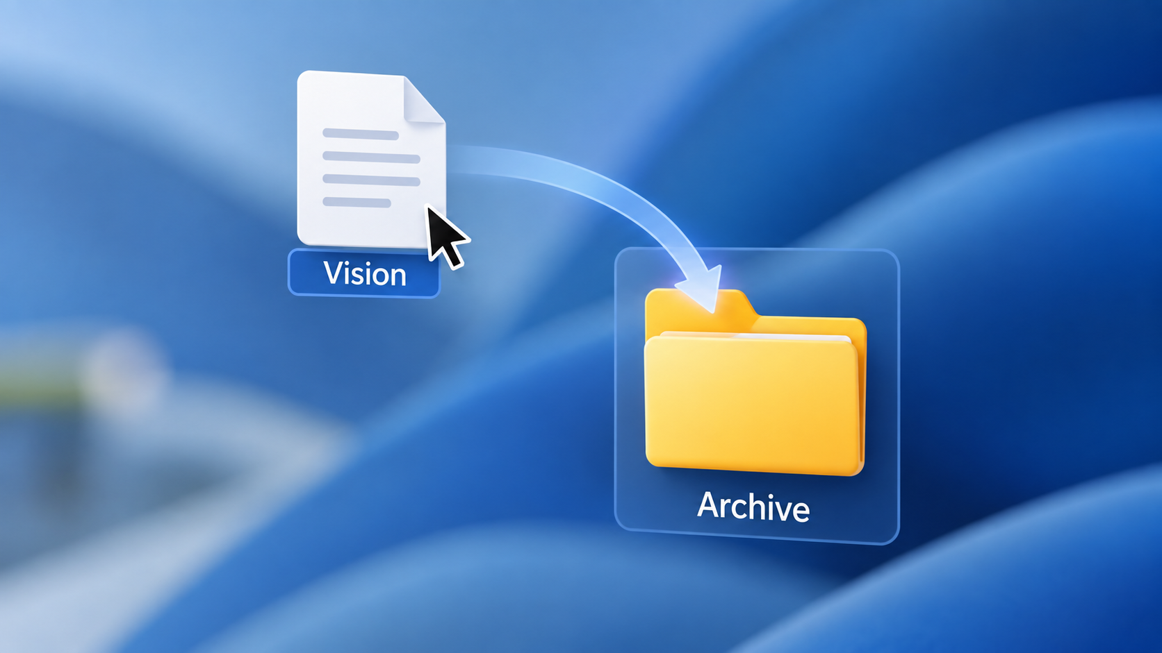 A desktop-style illustration showing a file labeled “Vision” being dragged by a cursor into a yellow folder labeled “Archive” against a blue background.