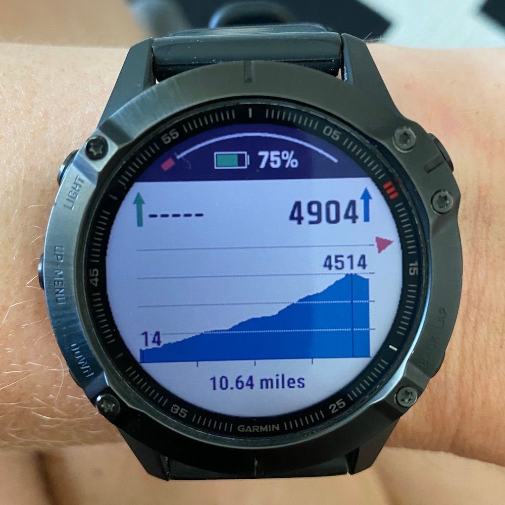 Elevation profile view on the Garmin Fenix 6 in course navigation mode.