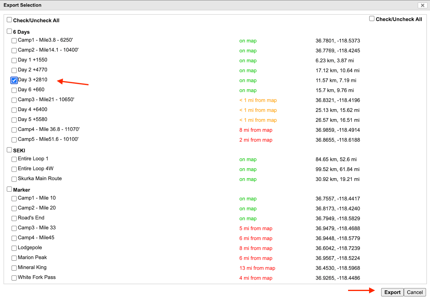 Exporting a single day route GPX file in CalTopo