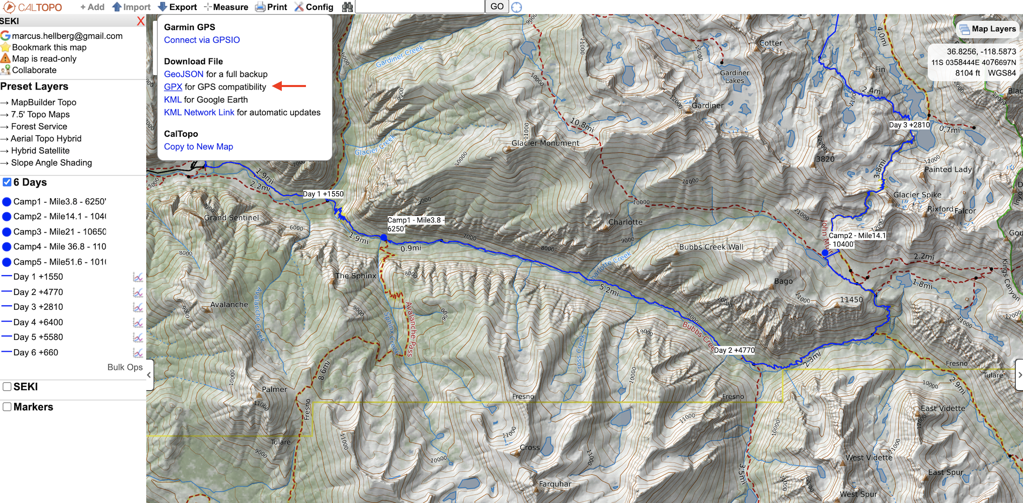 Exporting a GPX course from CalTopo