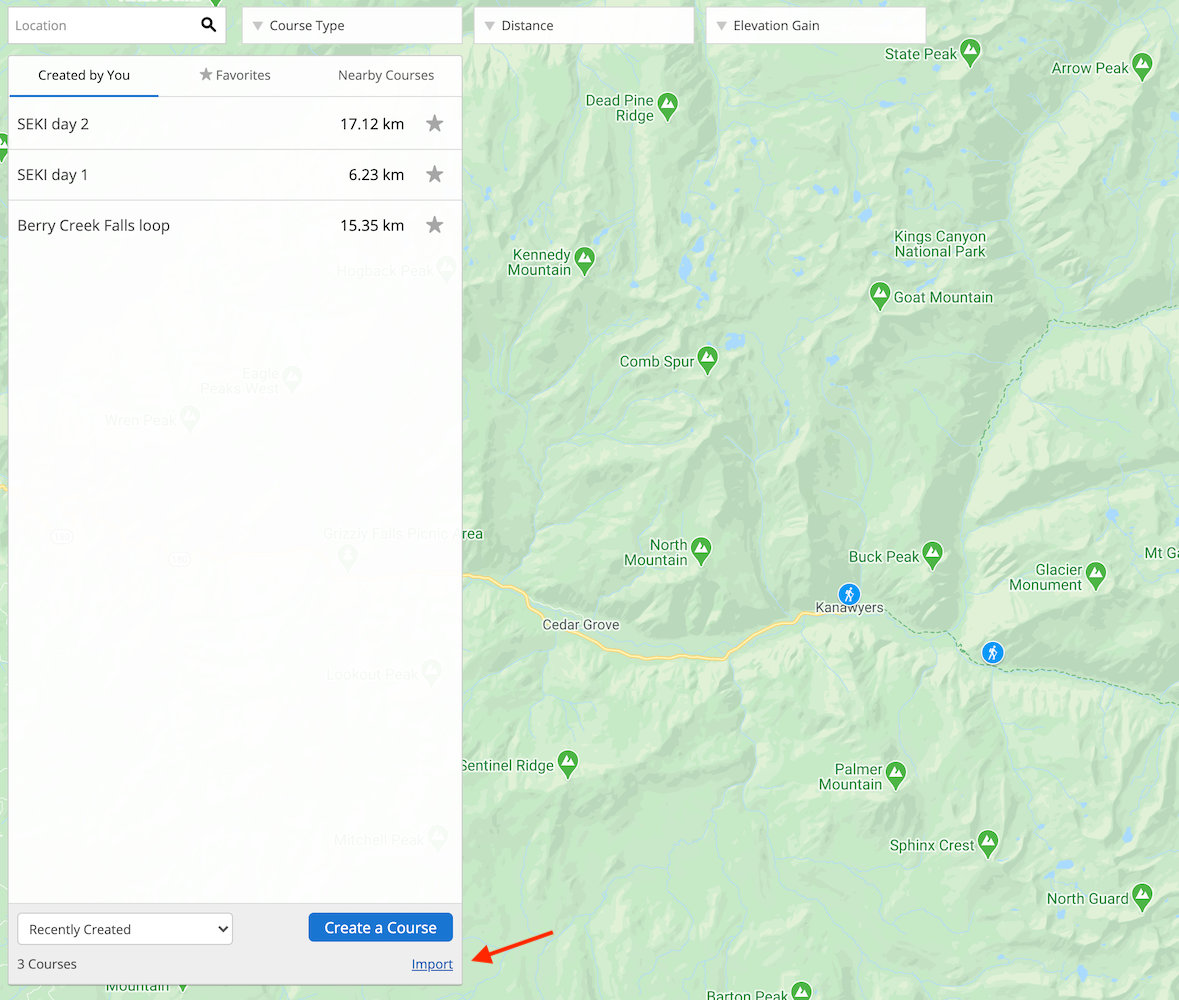 Start importing a new GPX course by clicking the import link in the Garmin Connect courses view