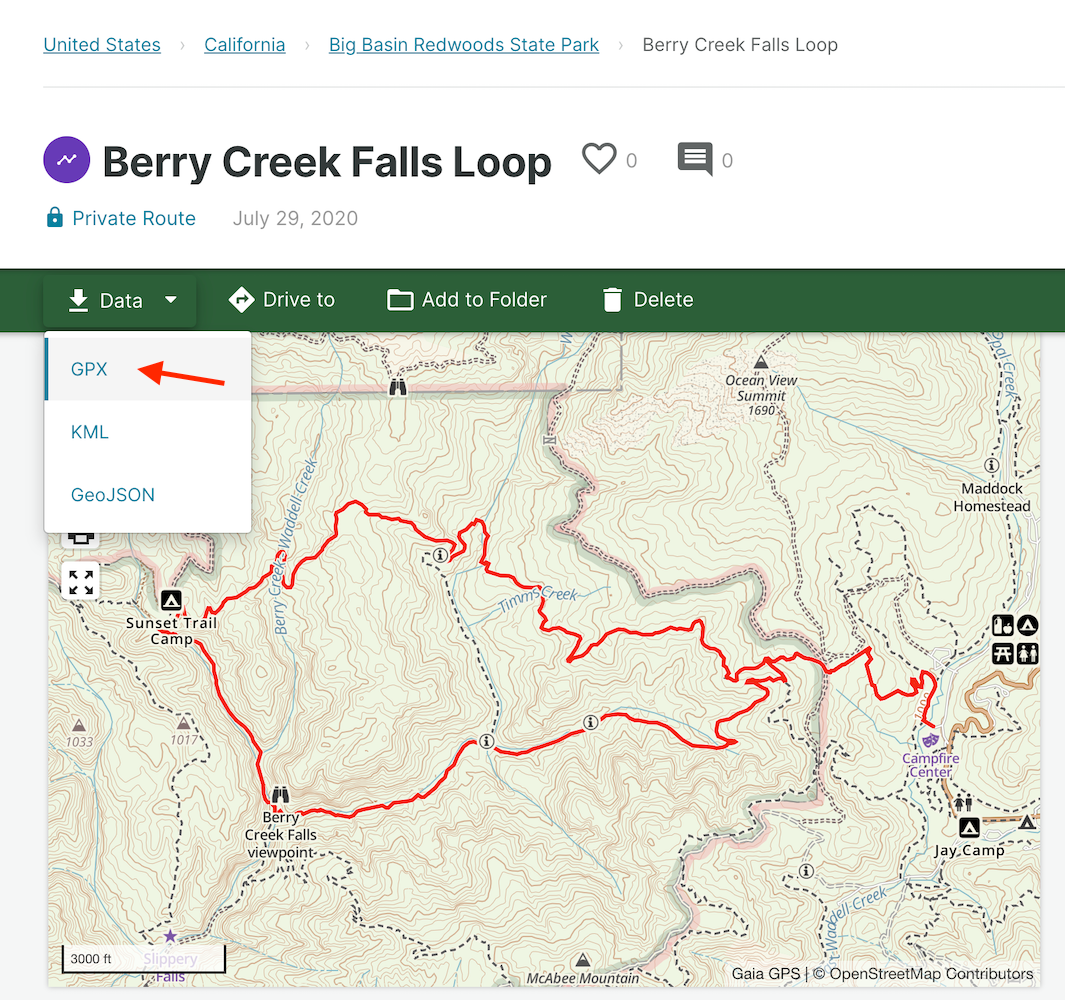 Exporting a GPX file from Gaia GPS