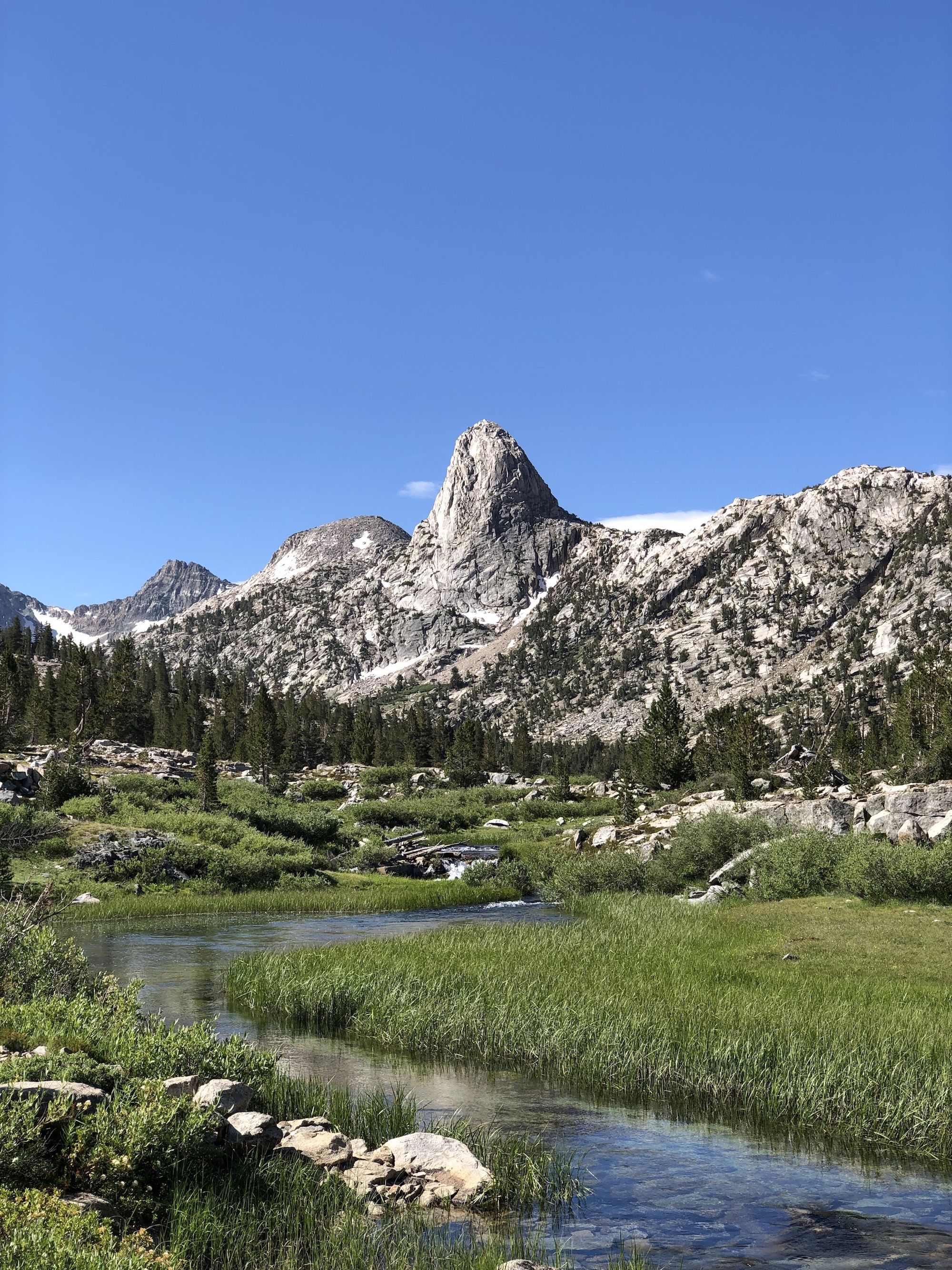 A creek running through a meadow. A tall granite dome behind. 