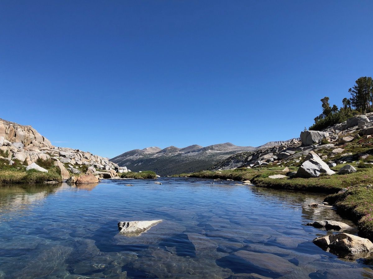 Looking back at Lyell Canyon over a lake.
