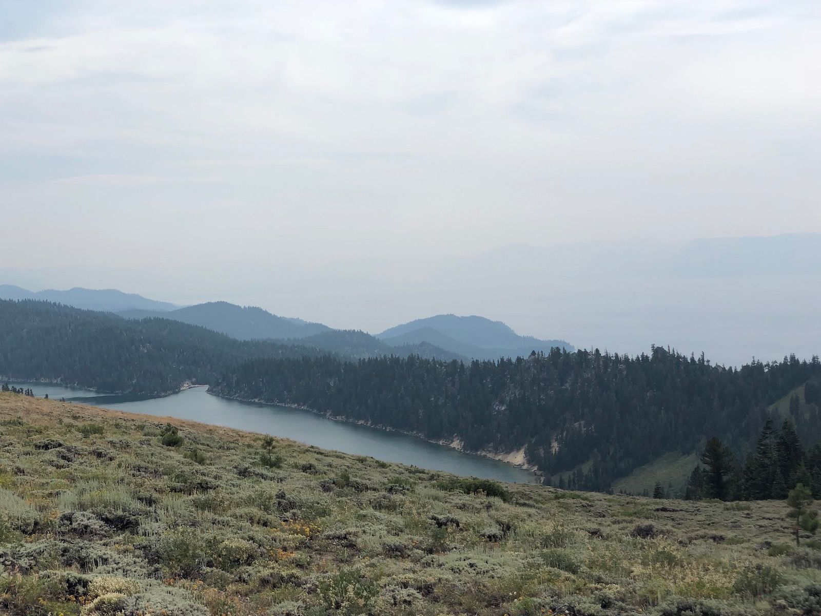 Views of Marlette Lake and Lake Tahoe in the distance.