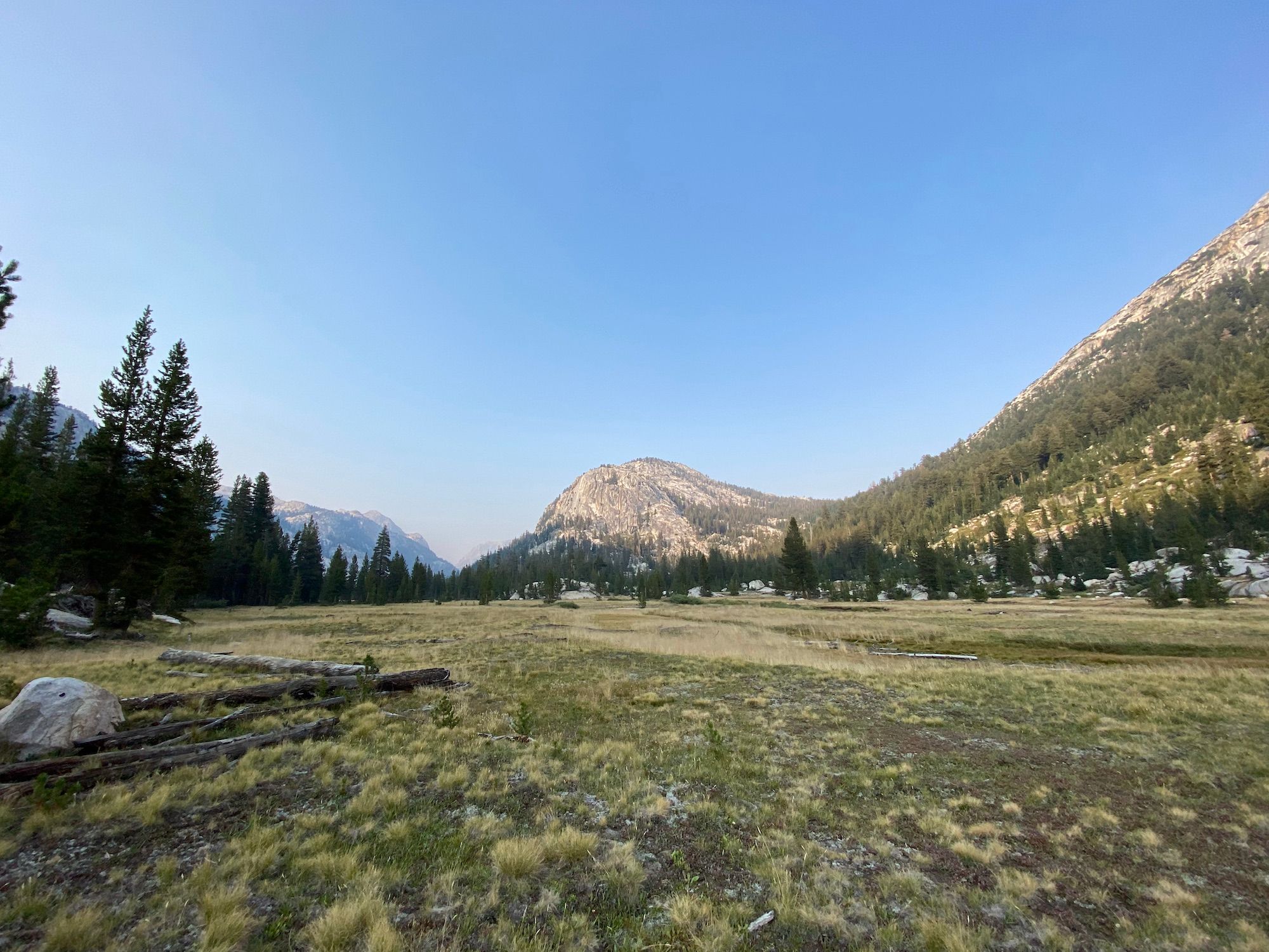An open meadow with a large granite dome in the distance.
