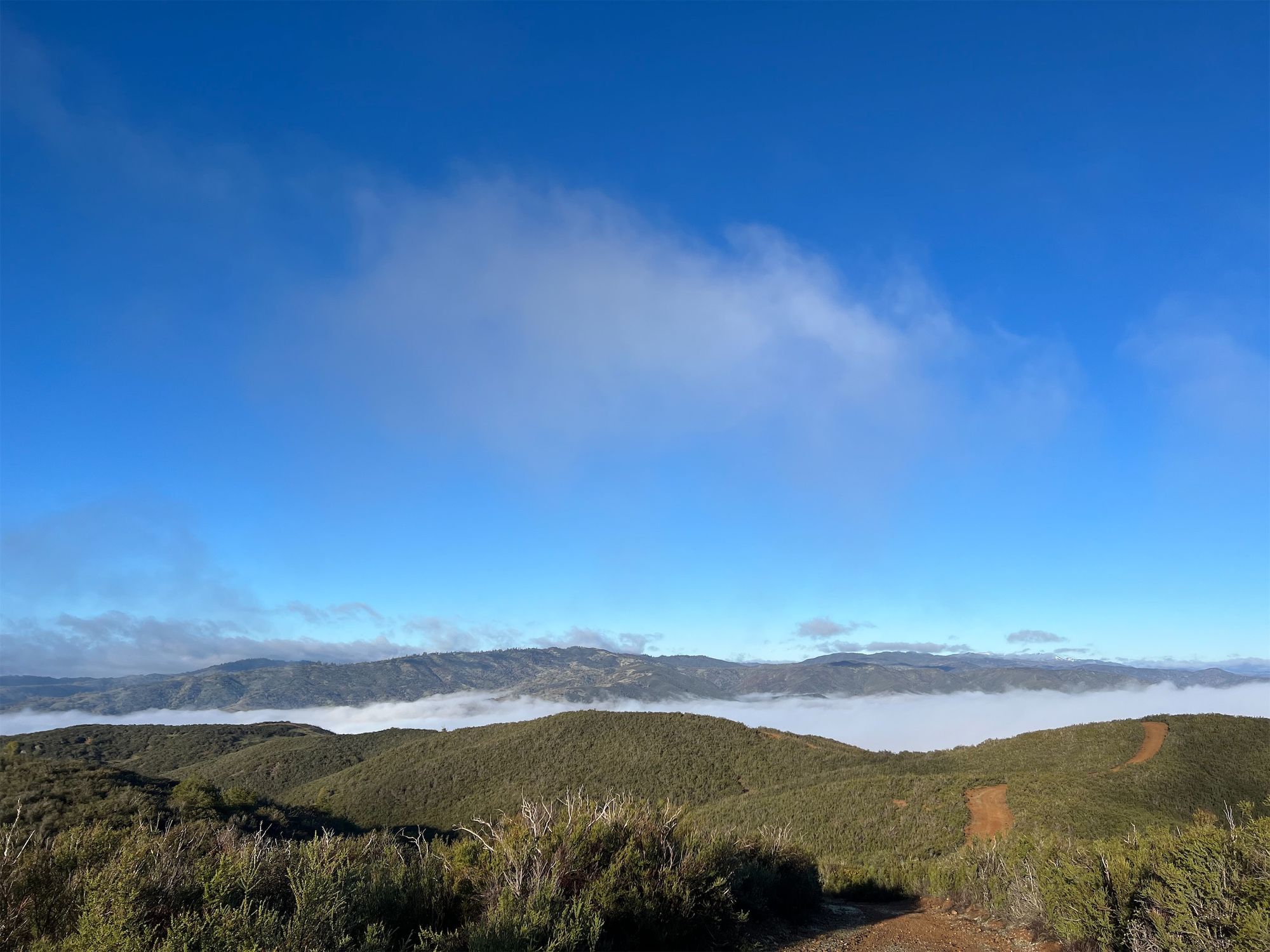 A dirt road running over green hills above the clouds.