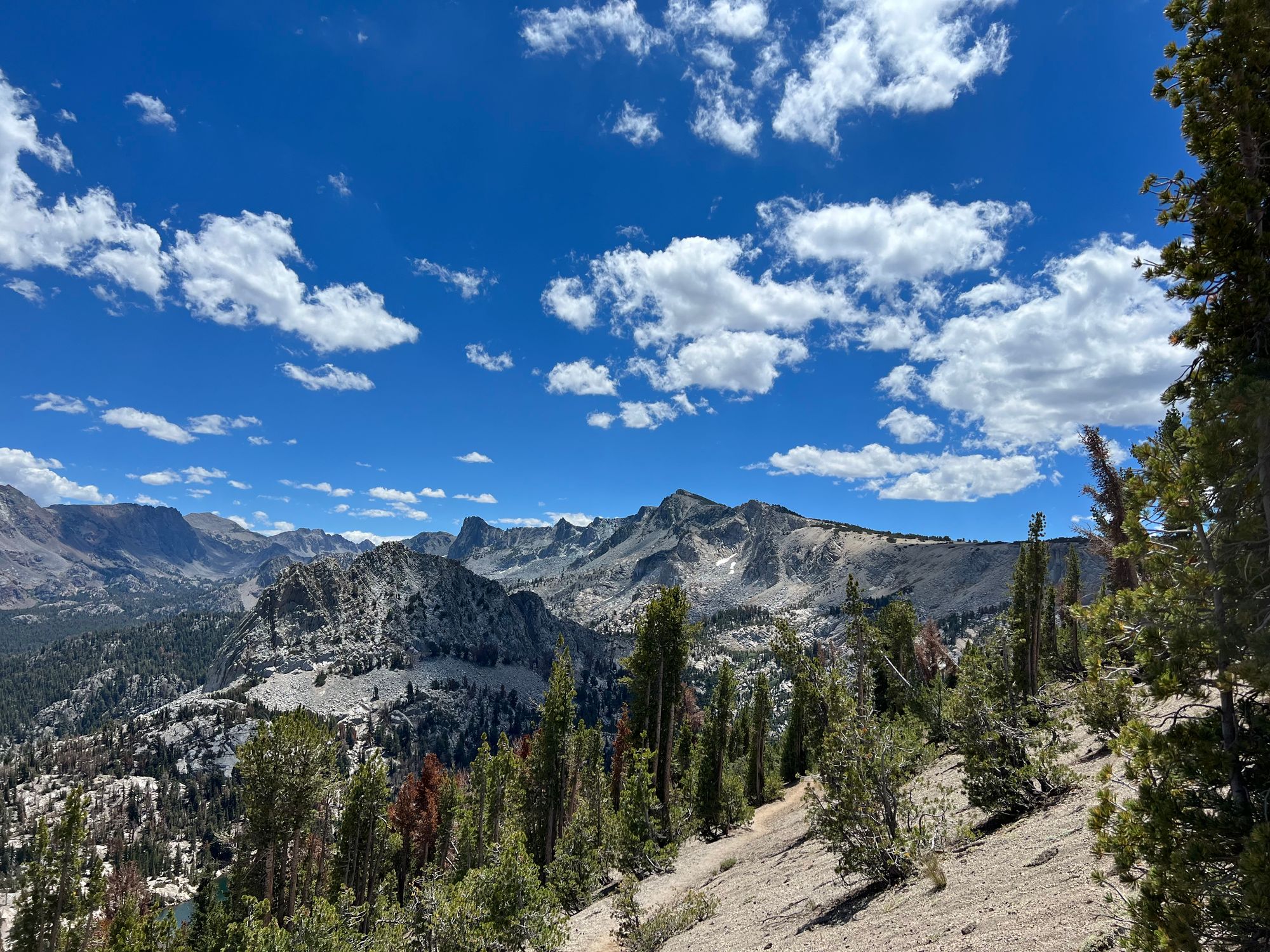 A rocky mountain crest in the distance.