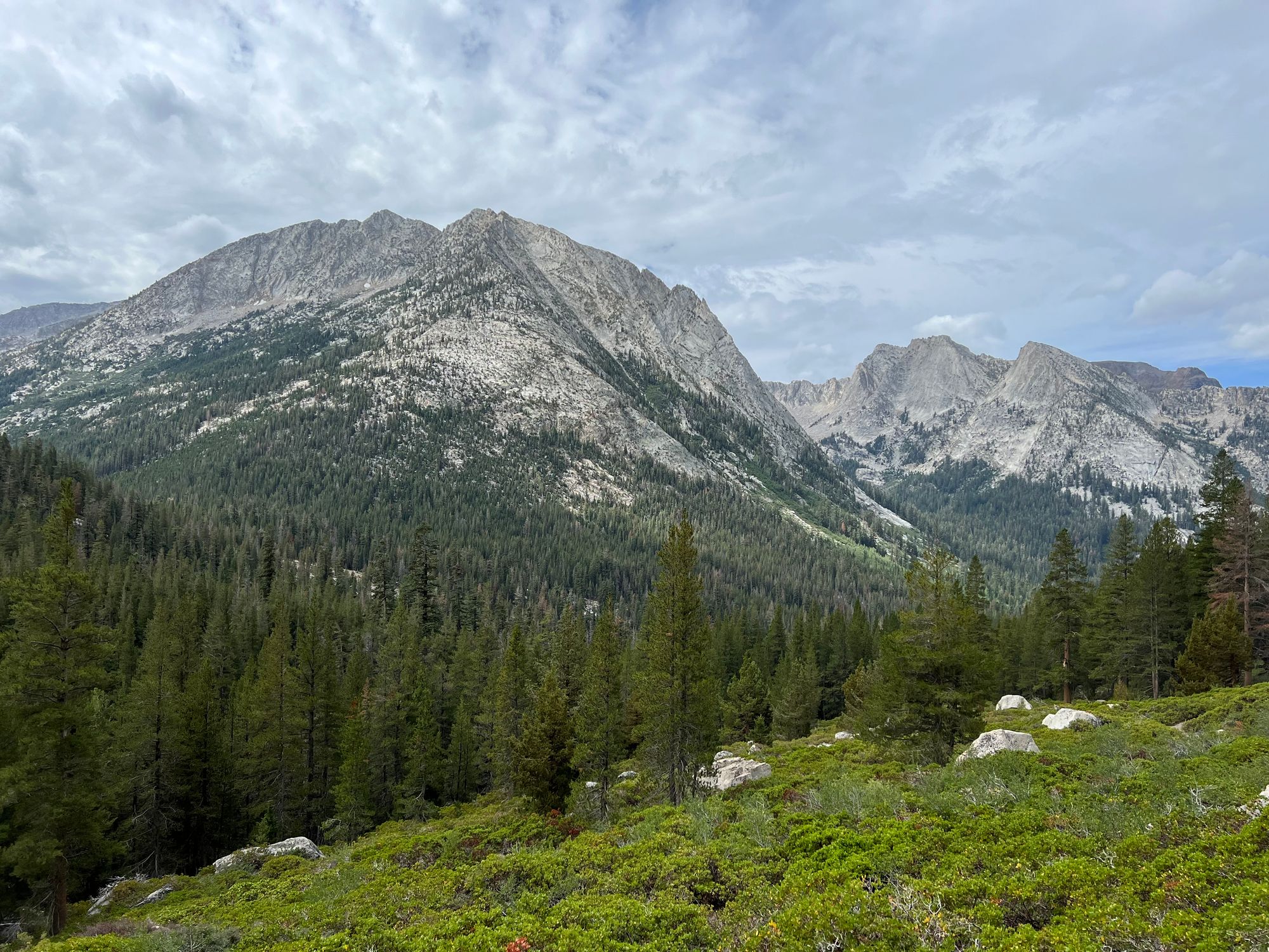 Two large mountains on the other side of a forested valley.