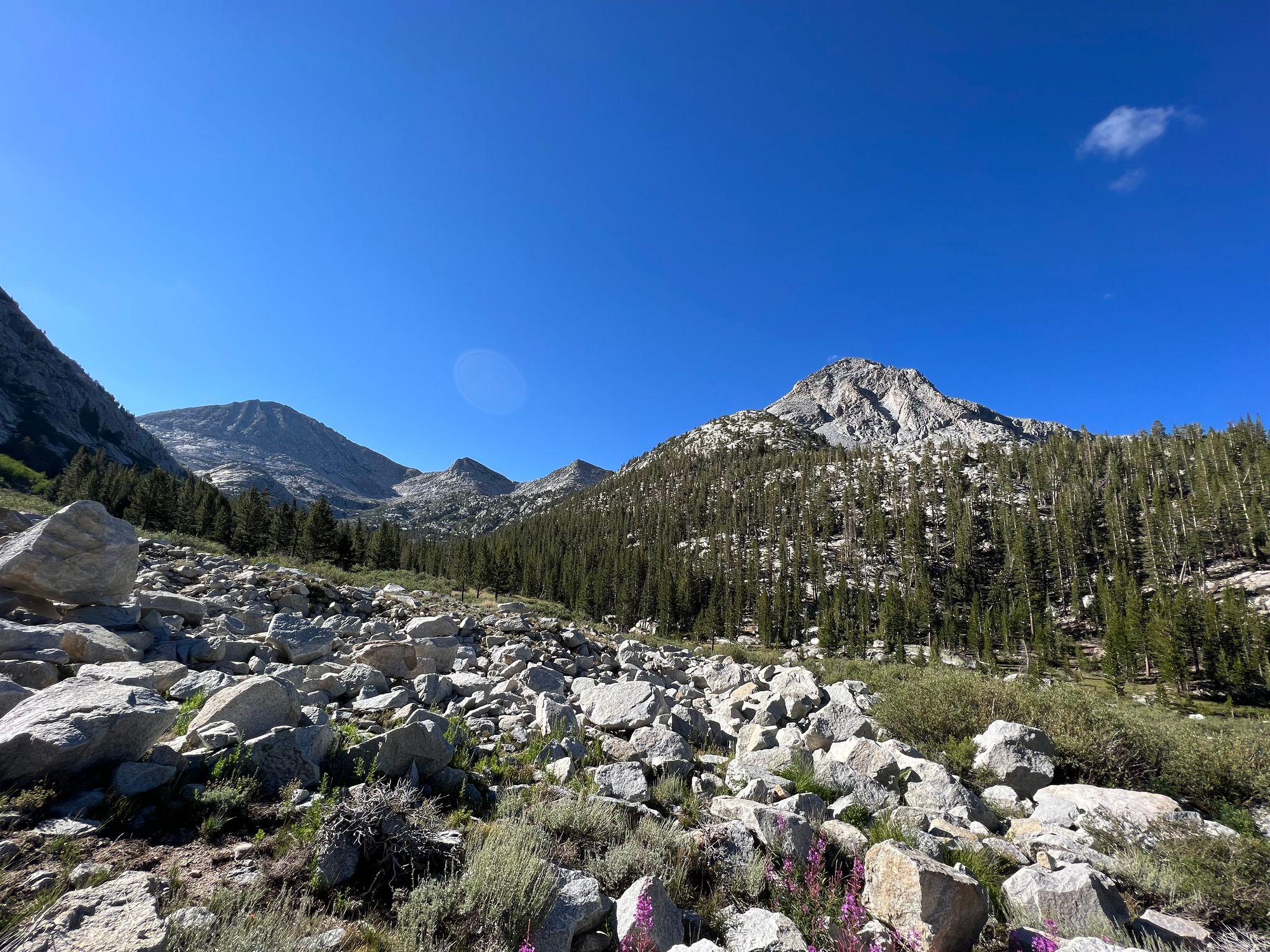 Granite peaks under a clear-blue sky. Talus in the foreground.