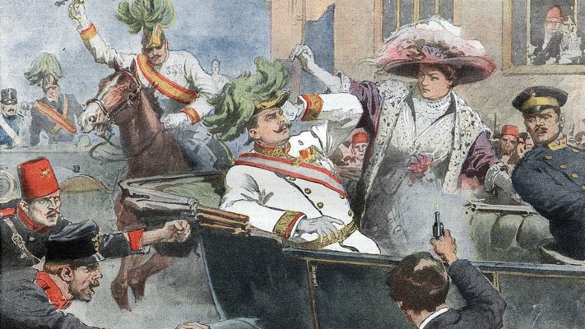 Assassination illustrated in the Italian newspaper La Domenica del Corriere, July 12, 1914, by Achille Beltrame