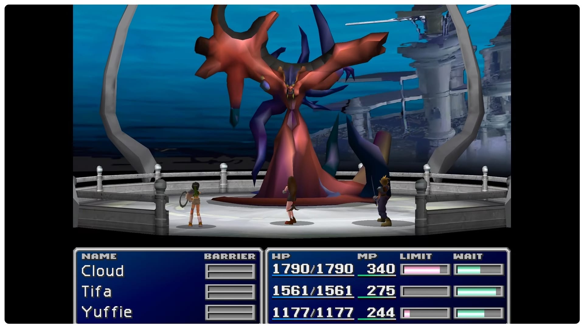 Cloud, Tifa, and Yuffie face off against Jenova∙DEATH. A towering alien creature. They fight surrounded by the ruins of the Forgotten City.