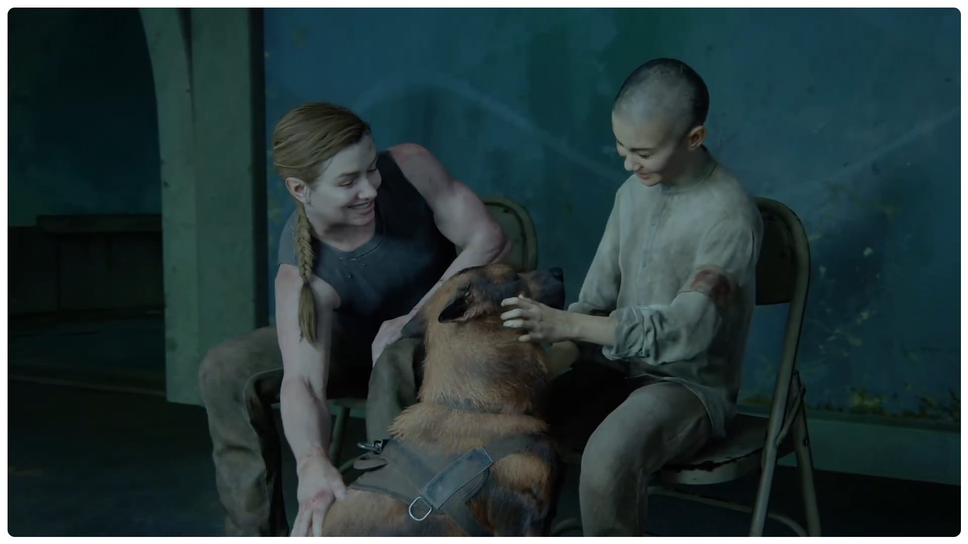 Muscular Abby pets a friendly german shepherd with Lev, a child.