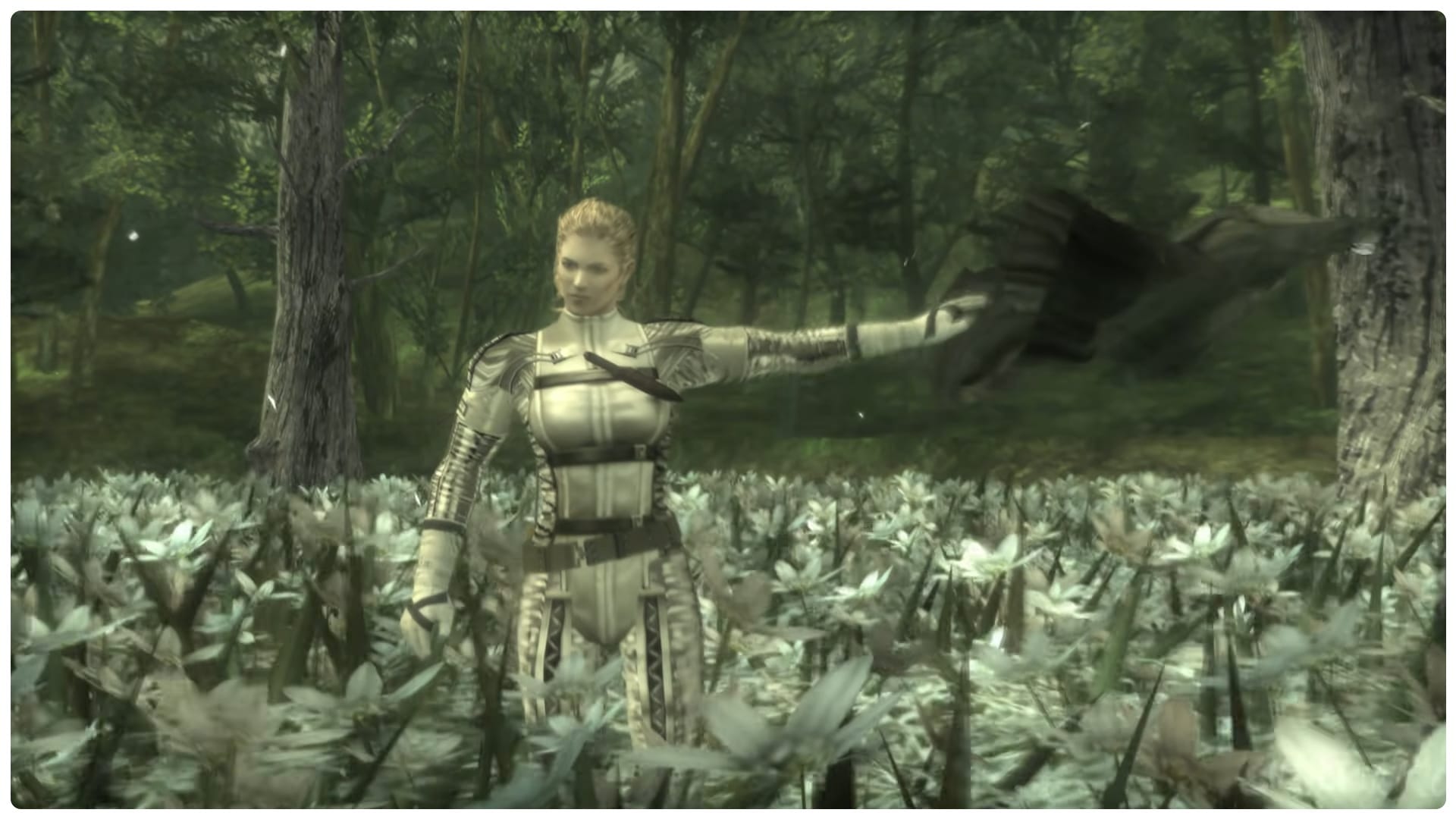 The Boss defiantly throws her poncho revealing a tight white sneaking suit. She is ready for combat in a majestic field of white flowers.