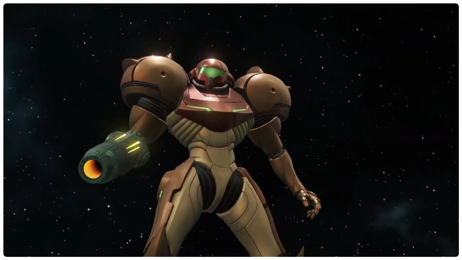Samus Aran standing firmly in front the void of space.