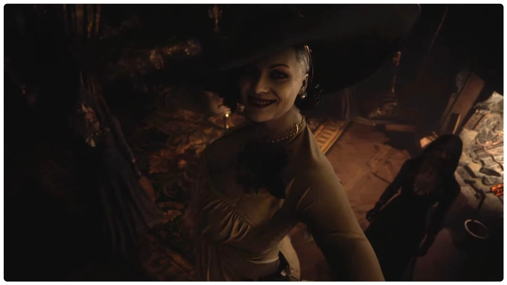 A tall vampire woman, Lady Dimitrescu, standing and similing ominously with her daughters in the background.