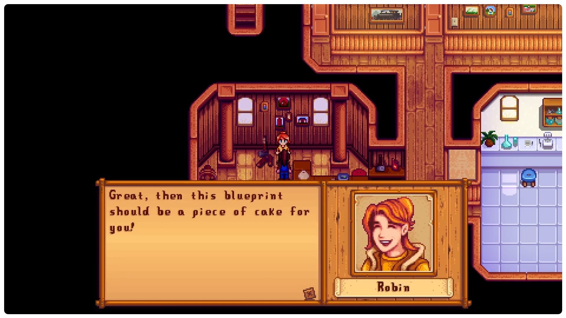 The player is in Robin's house. She is giving the player a blueprint.