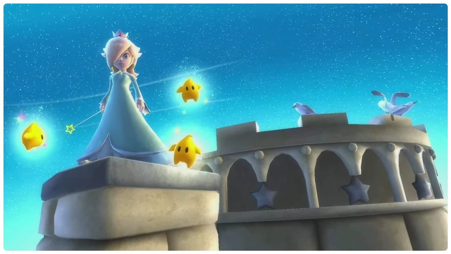 Rosalina stands proudly with three of her children, the Lumas. She holds her star wand in her right hand. Two seagulls are next to them.
