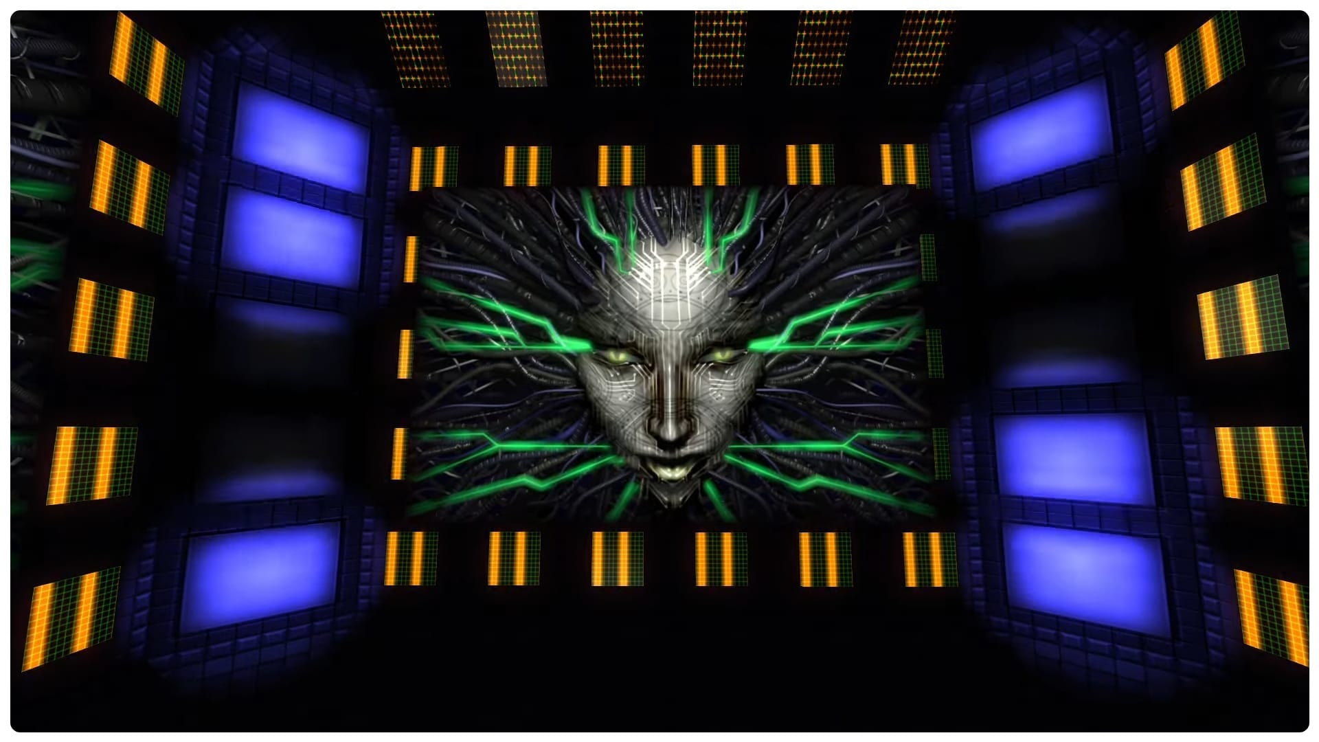 The digital face of SHODAN looking at the player ominously.