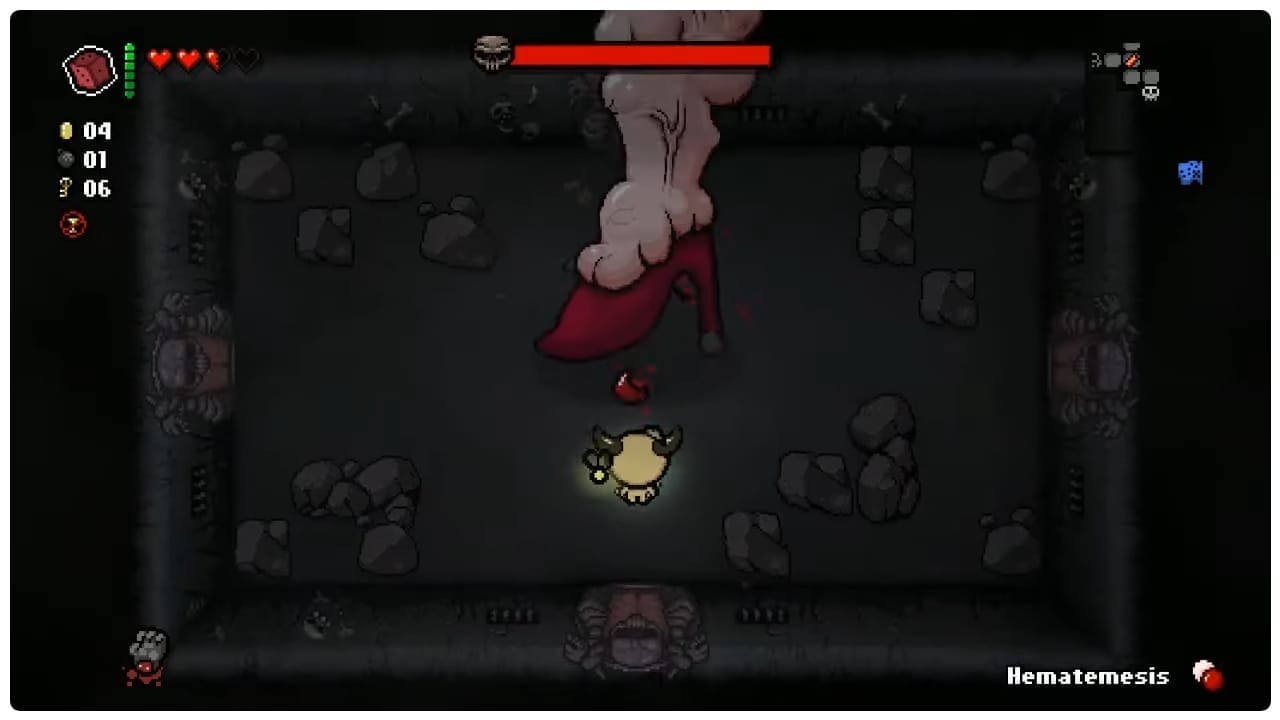 Mom's giant foot in the center of a dungeon, as little Isaac shoots tears at her.