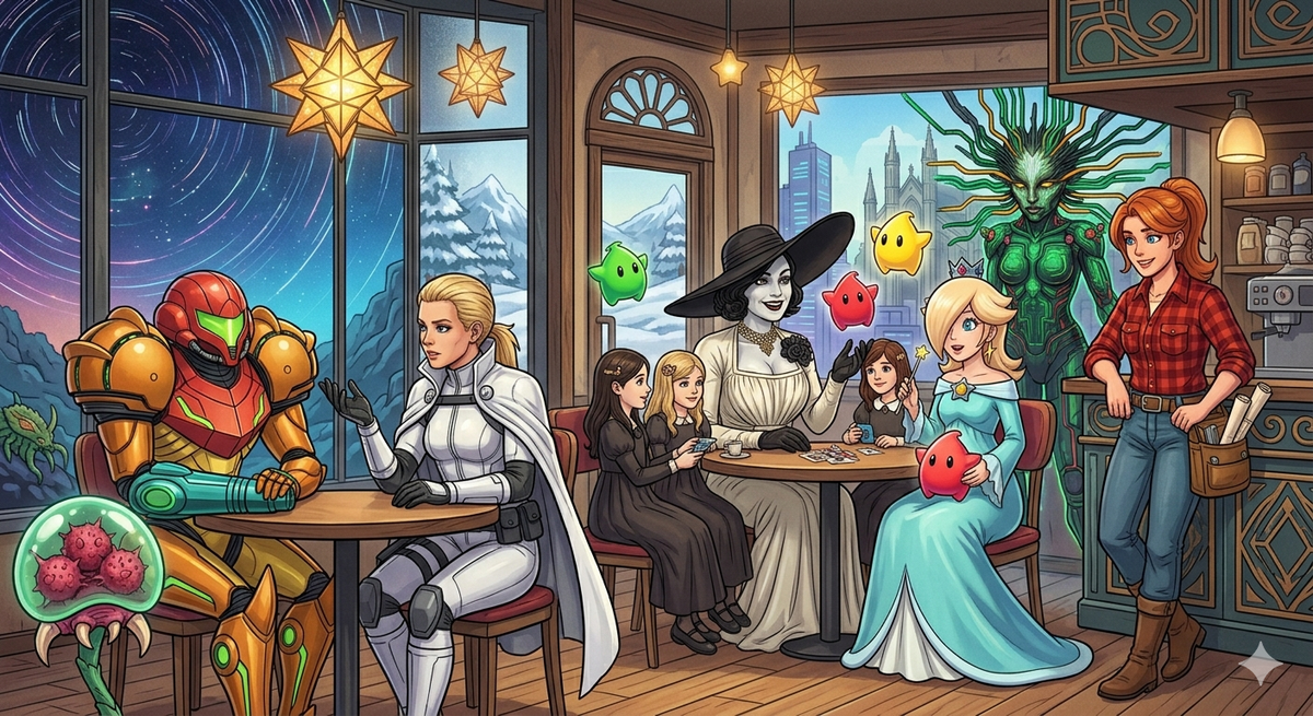 Video game moms Samus, The Boss, Lady Dimitrescu, Rosalina, SHODAN, and Robin relax in a cafe. Lumas and a Metroid float nearby under a cosmic sky in this vibrant and stylized illustration.