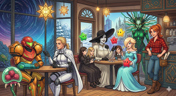Video game moms Samus, The Boss, Lady Dimitrescu, Rosalina, SHODAN, and Robin relax in a cafe. Lumas and a Metroid float nearby under a cosmic sky in this vibrant and stylized illustration.