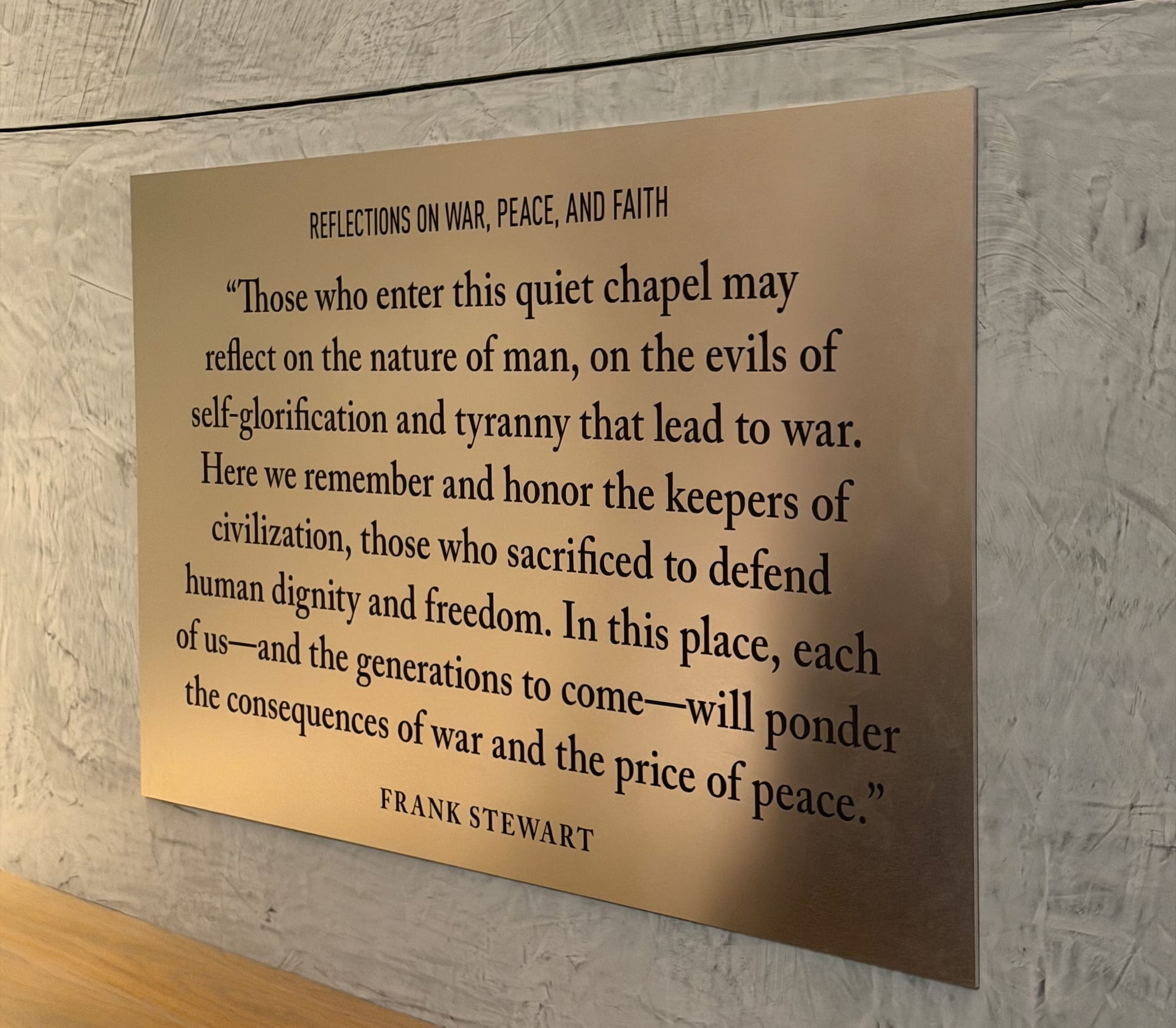 Chapel plaque: Reflections on War, Peace, and Faith