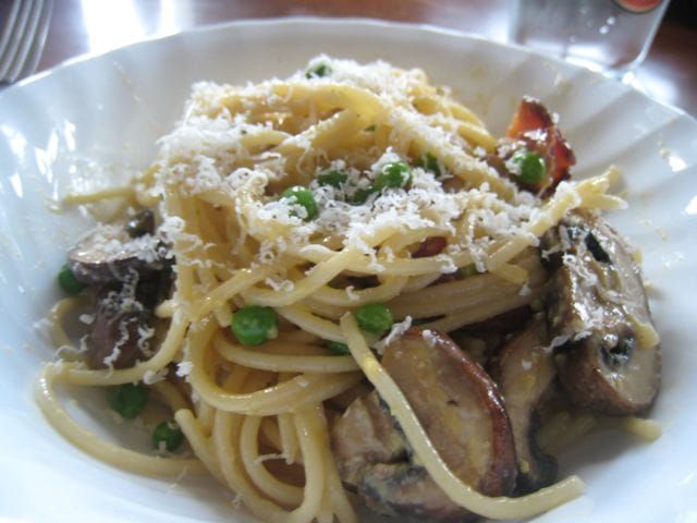 Spaghetti Carbonara with Mushrooms and Peas