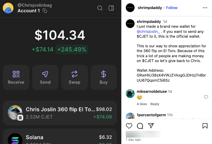Instagram post from @shrimpdaddy that reads: I just made a brand new wallet for @chrisjoslin_ . If you want to send any $CJET to it, this is the official wallet. This is our way to show appreciation for the 360 flip on El Toro. Because of this trick a lot of people are making money on $CJET so let’s give back to Chris.