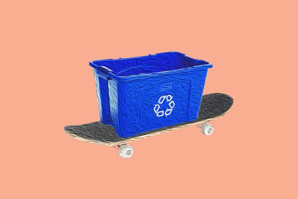 Intimate close-up of a skateboarder sorting their recycling