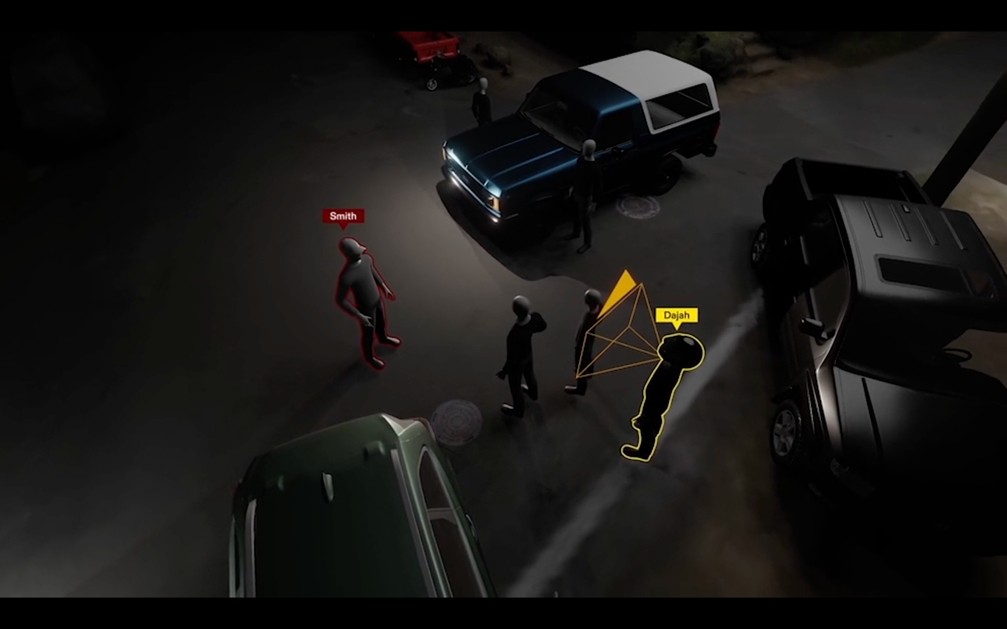 CGI render from a high angle looking down on a shadowy street scene with three vehicles and five figures, two of them tagged with the names Smith and Dajah, with an angular grid emanating from Dajah.