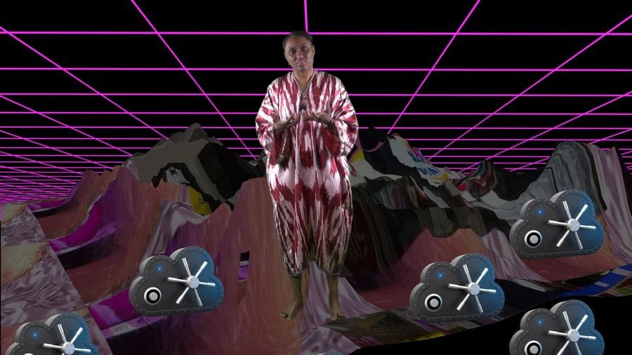 A Black woman in a loose-fitting maroon dress, placed in a virtual environment with computer-generated objects around her.