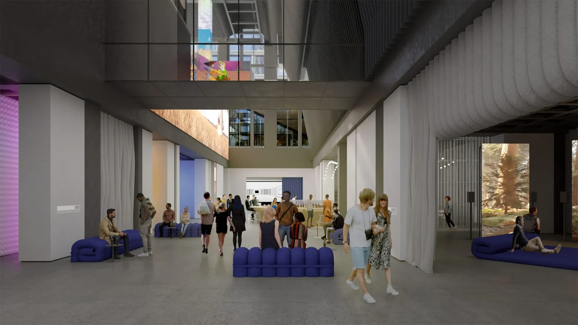 An architectural rendering of the interior of a new art space, with people milling around and sitting on plush blue benches.