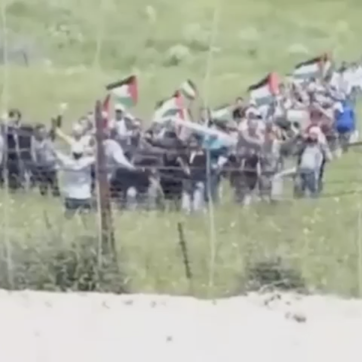 An out of focus image of a group of protestors holding Palestinian flags and standing behind a barbed wire fence.