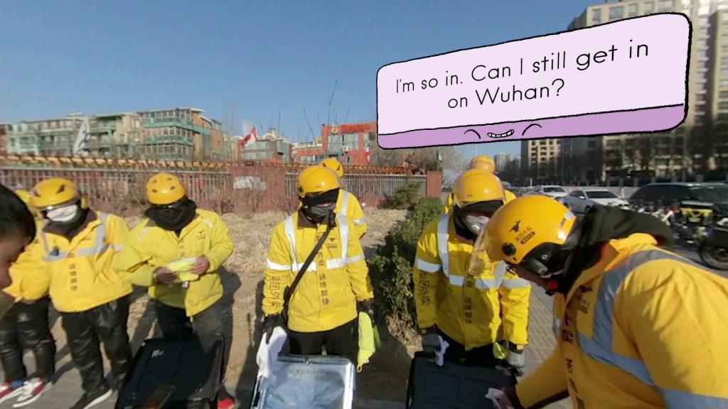 Multiple masked individuals in yellow hazmat suits with Chinese characters printed on them, with helmets and masks, in the middle of a busy city block, with a cartoon-style text block above their heads that reads "I'm so in. Can I still get in on Wuhan?"