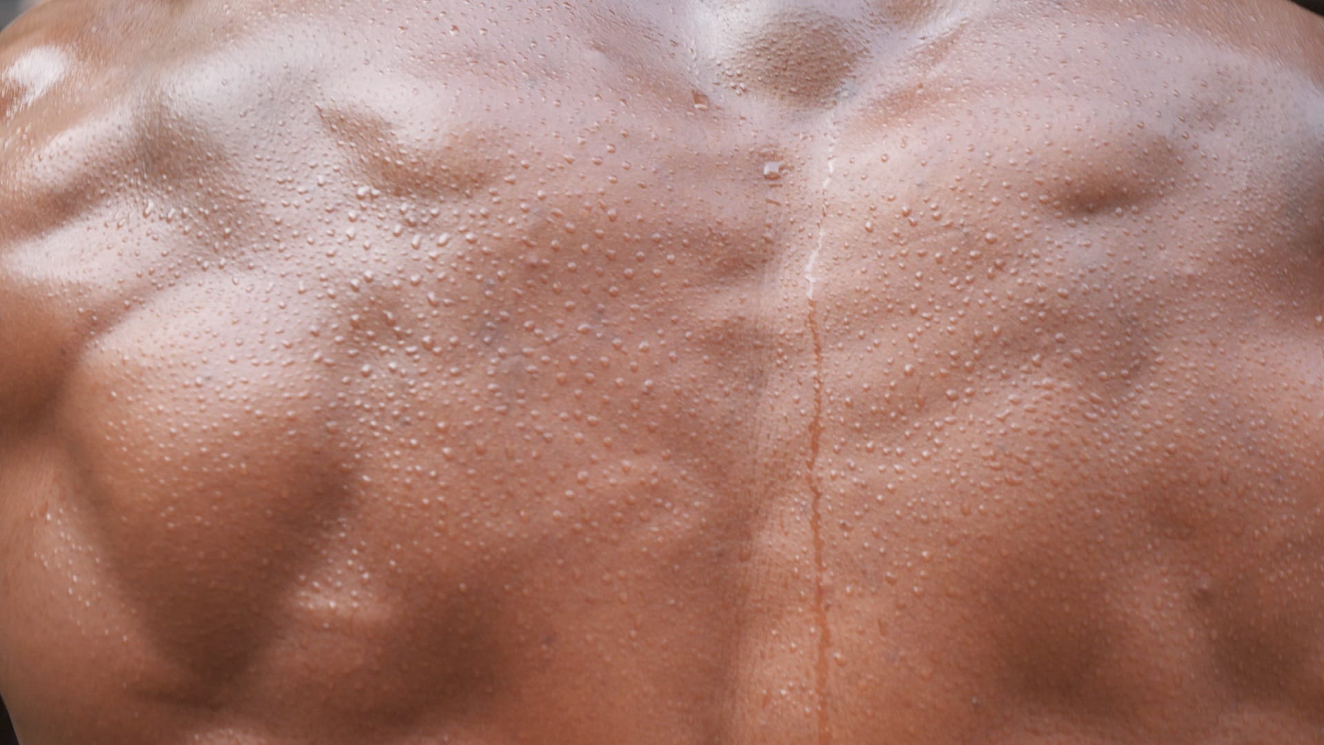 A close-up of the muscular back of a Black man with beads of sweat dripping off of it.