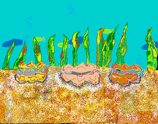Early pixel art of an underwater scene animated with clams opening and closing and seaweed and water bubbles in the background.