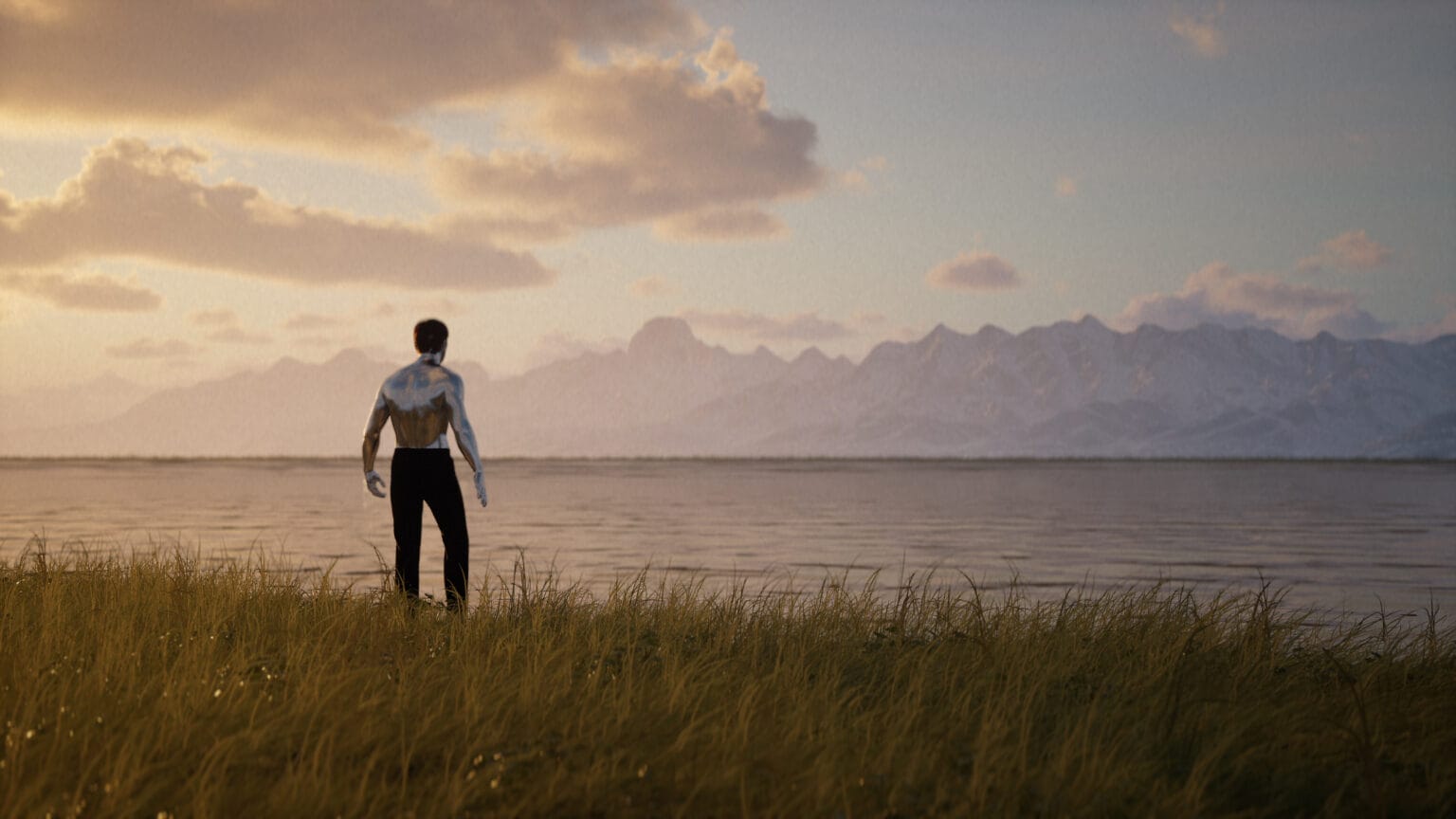 A figure with shiny skin, wearing black pants, stands at the edge of a lake with a sunset on the horizon.
