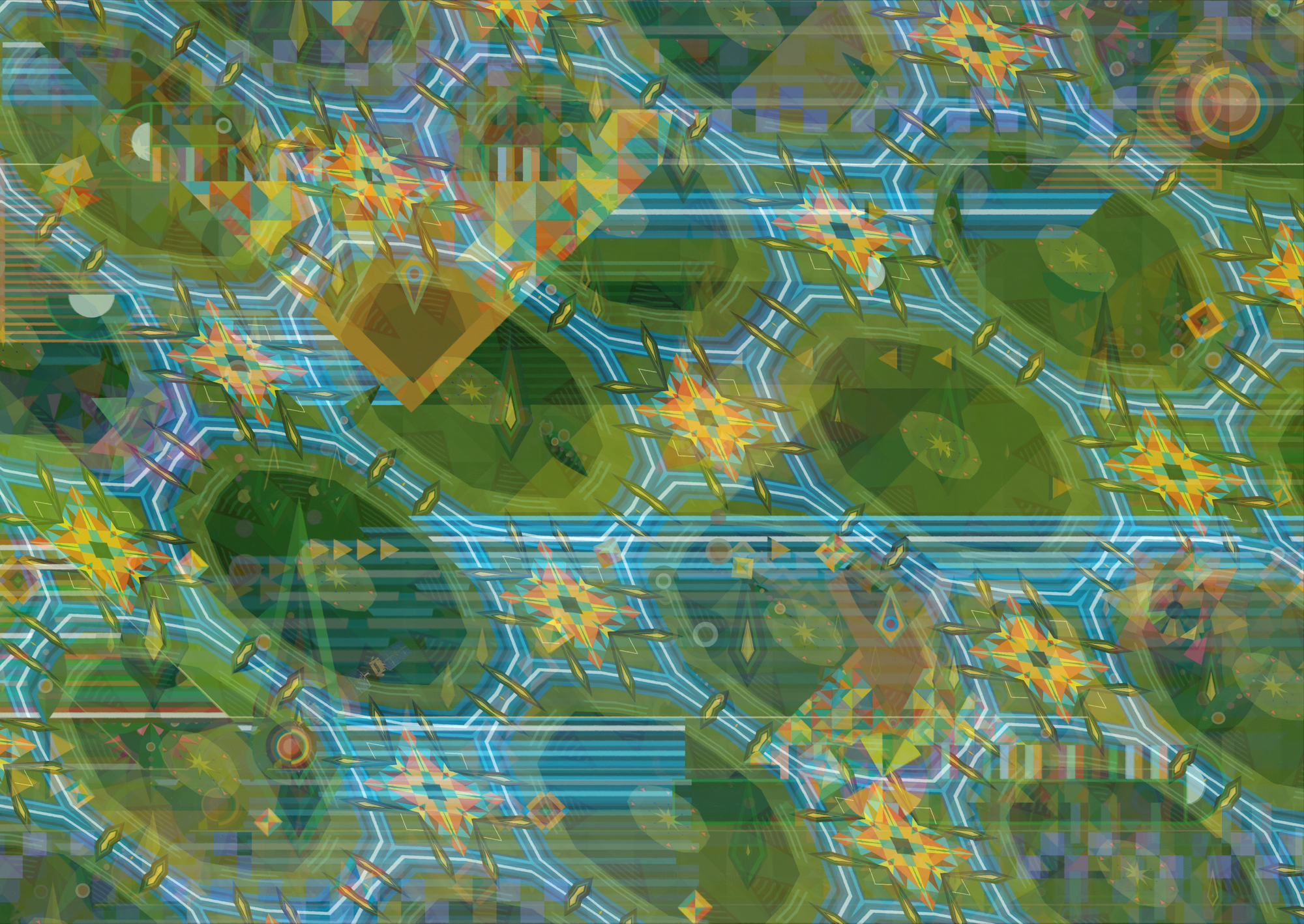 An animation still with geometric shapes in green and rainbow colors.